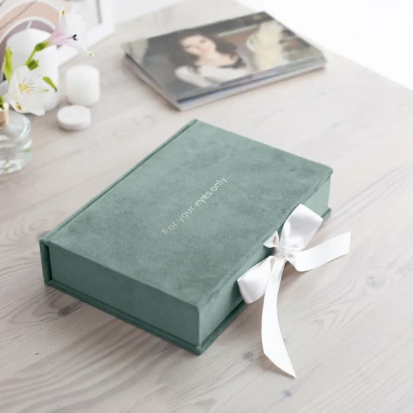 Velvet Folio Box with 20 Printed Photo Cards, USB, Ribbon Closure